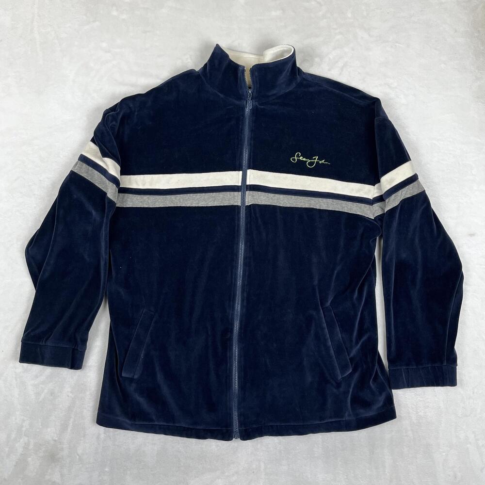Vintage Sean John Track Jacket Mens 2XL Blue Velour Full Zip Striped Y2K